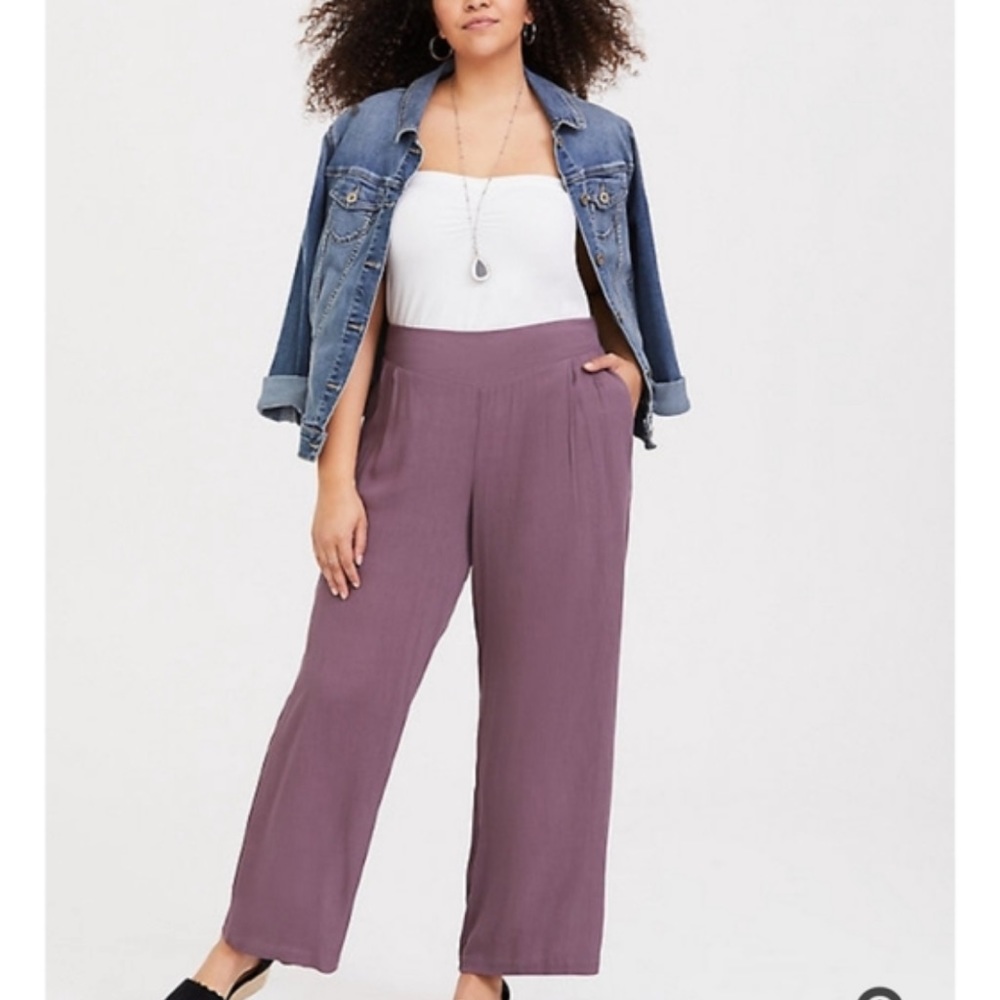 Torrid Mauve Purple Gauze Wide Leg Pants 1 1X Crinkle Rayon Pull On Pockets
